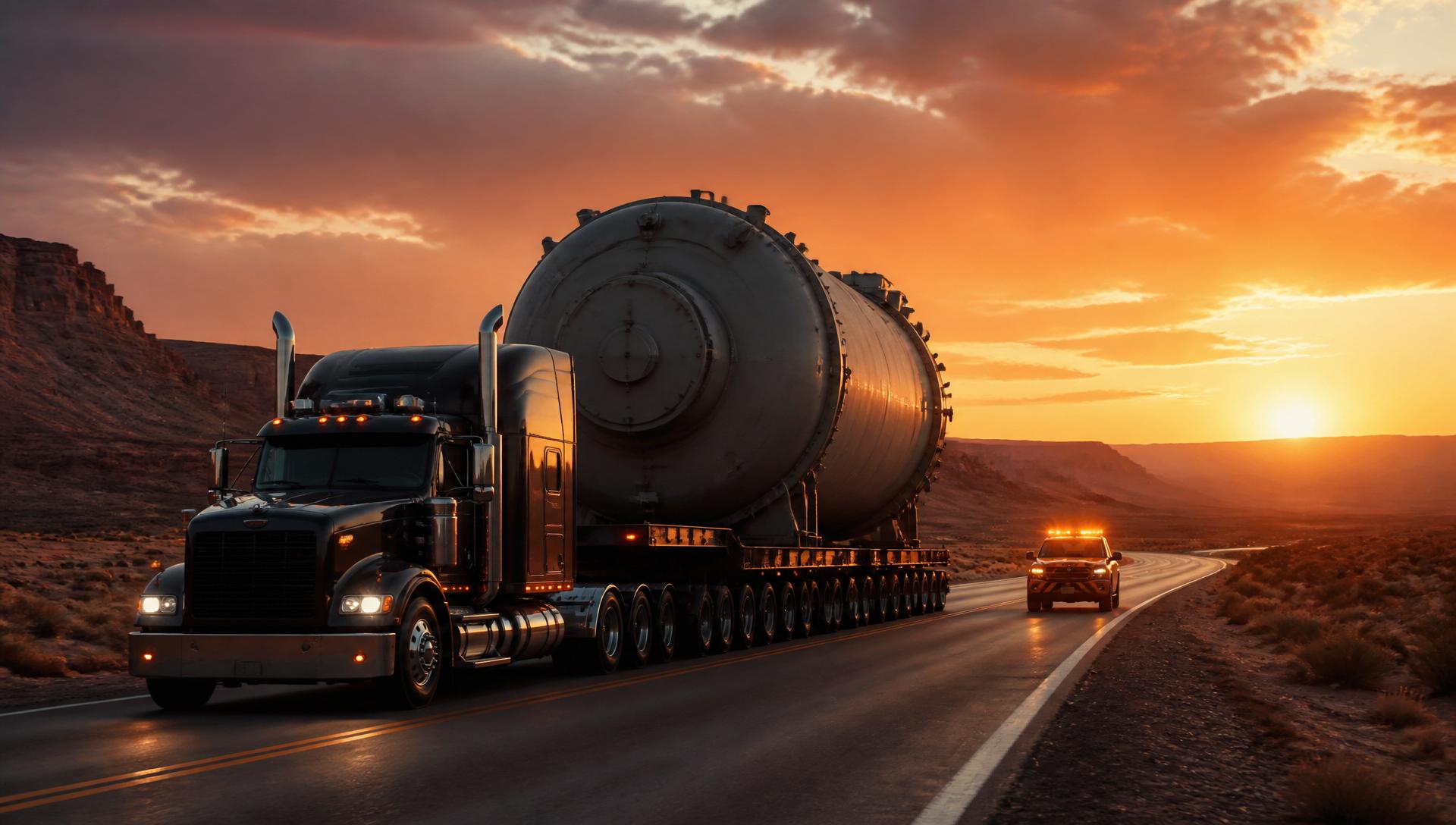 Oversize cylindrical superload on a semi-truck with pilot escort at sunset